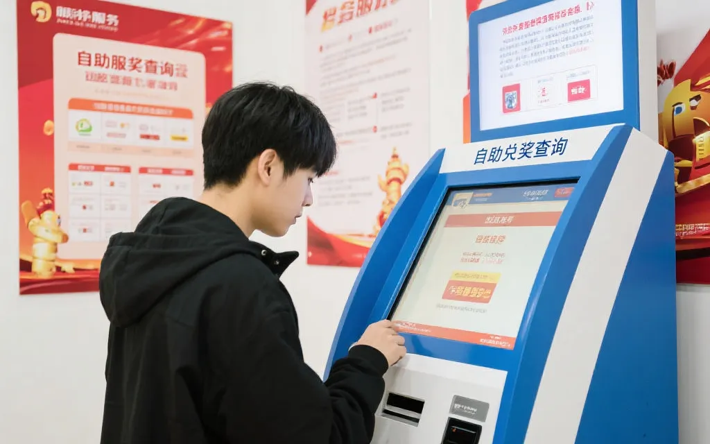 自助兑奖查询机,市民正在操作获取兑奖流程信息